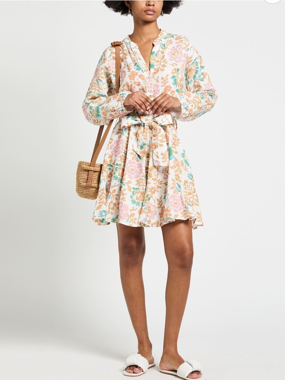 120 lino linen Floral Tie-Waist Mini Dress in Multi-Color